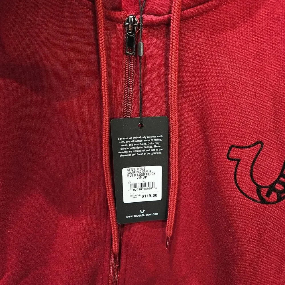 True Religion Hoodie Red Dahlia Multi Logo Zip Up Large